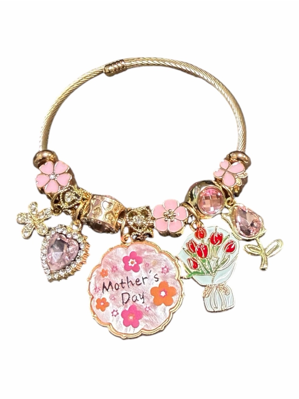 Gold Pink Floral Mother’s Day Charm Adjustable Twisted Bangle - Picture 2 of 6